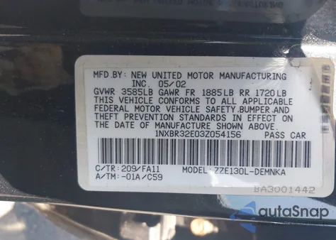 2003 Toyota Corolla Le из США, поврежденный, VIN 1NXBR32E03Z054156